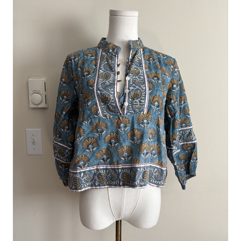Victoria Dunn Womens Small V Neck Top Floral Blue Cotton Bohemian Hippie Coastal